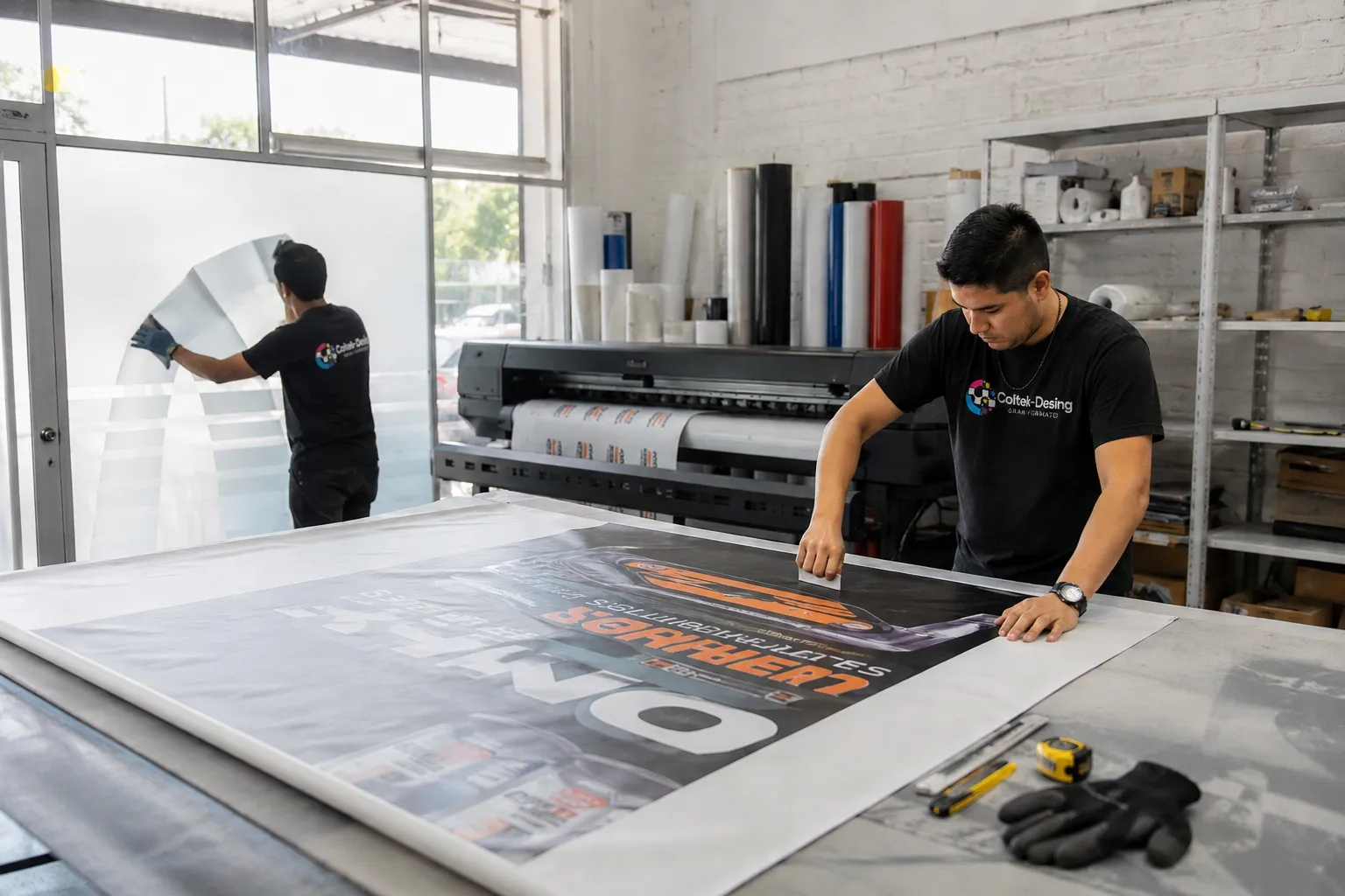 Dos técnicos con camiseta de Coltek Desing rematando una impresión de gran formato sobre la mesa de trabajo del taller, junto al plóter de impresión.