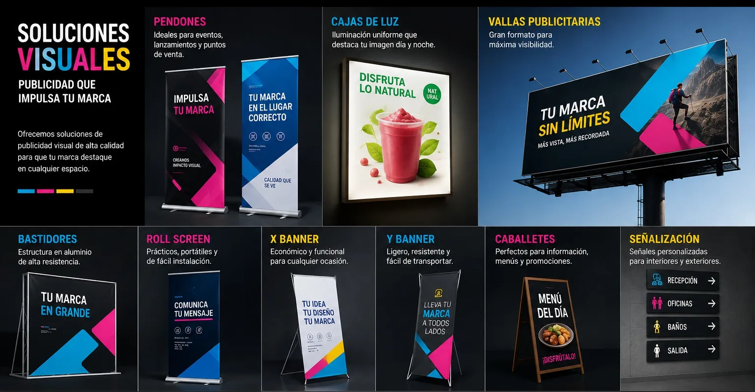 Lámina del catálogo con los formatos de publicidad impresa: pendones, cajas de luz, vallas, bastidores, roll screen, x banner, y banner, caballetes y señalización.